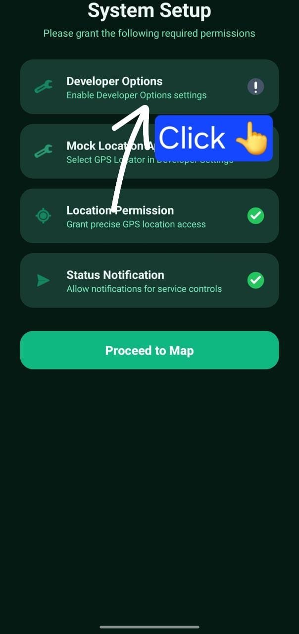 System Setup Wizard - Click Developer Options